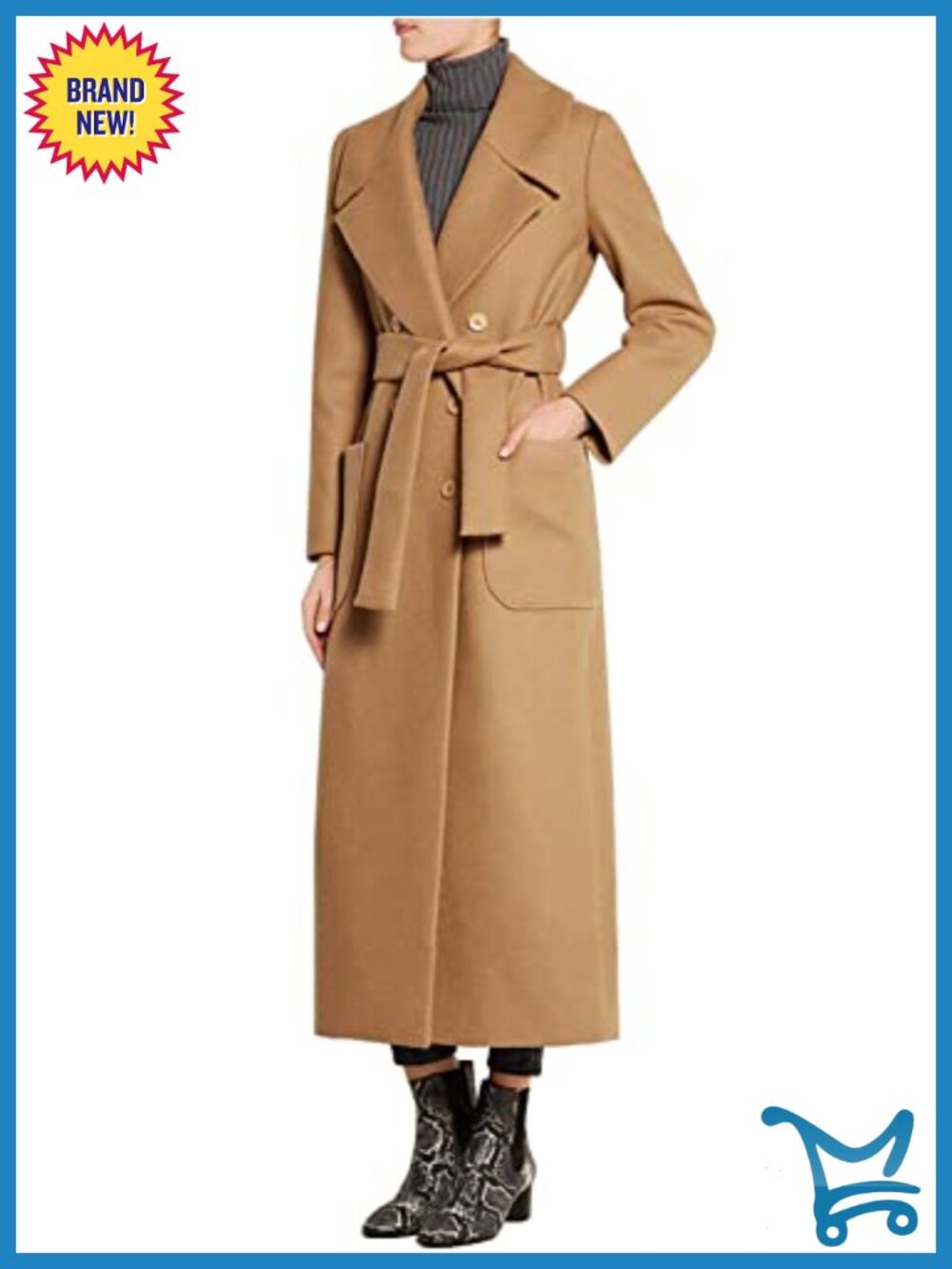 Elegant Lapel Collar Double Breasted Regular Wool Blend Overcoat Coat Belt
